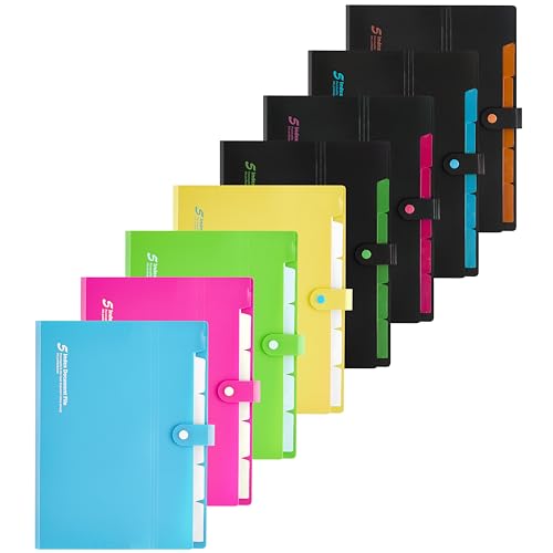 FANWU 8 Packs Expanding Files 6 Pockets Accordion File Document Organizer, A4 Letter Size Plastic Project File Folder with Snap Button Closure for School Office Home (8 Colors) - color: 8 Colors
