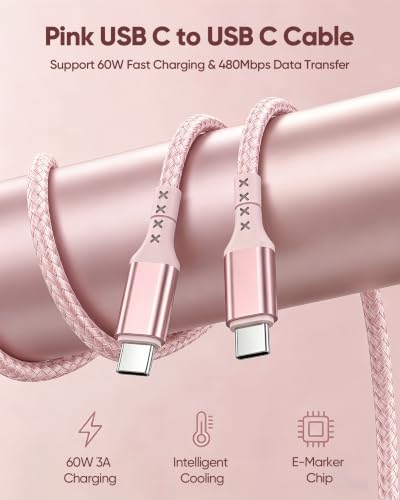 Pink USB C to USB C Cable 10FT 2-Pack,60W Fast Charging for MacBook Neo | Extra-Long , 60W PD Fast Charging, 480Mbps Sync, Braided, for MacBook Neo-Blush Pink, for iPhone 17/16/15,HP Book Pro14 - size: 10FT