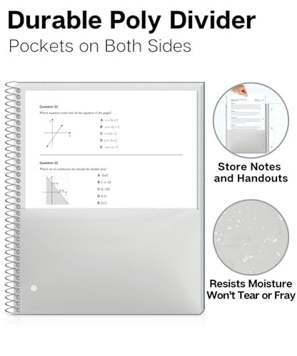 Dunwell 3 Subject Notebook College Ruled (Blue), 150 Sheets (300 Pages), Spiral Notebook 8.5 x 11, Plastic Cover, 3 Pocket Divider Folders, 3-Hole Punched Perforated Paper - color: Blue