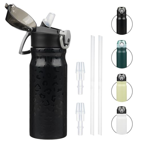 Konokyo 18 oz Insulated Stainless Steel Sports Water Bottle with Straw Lid | BPA-free, leak-proof reusable sports bottle with carry loop for gym, office, hiking, camping, travel & hydration - color: Black Leopard, size: 18 Ounces