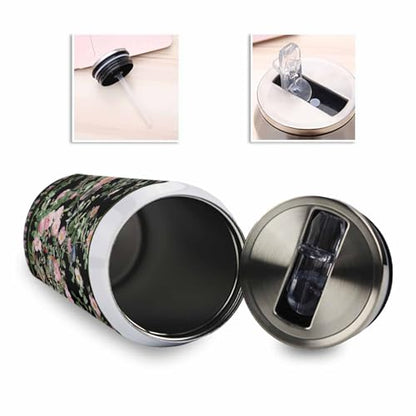 Spring Flower 14oz Stainless Steel Tumbler with Lid & Straw-Double Wall Vacuum Insulated Travel Mug Birds Flower Ethnic Pastoral Black Water Bottle Coffee Beverage Drinks Cup - size: 14 Ounces