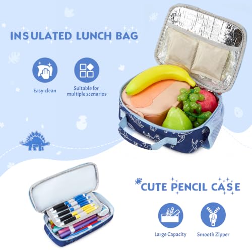 Kids Backpack for Boys 4-8, Cute 3D Embroidered Dinosaur Toddler Backpack with 34oz Lunch Box, Insulated Bag, Pen Case & Utensils, School Bookbag for Preschool Kindergarten Elementary Student - color: Dinosaur