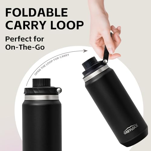 Greylock 20 oz Insulated Water Bottle with Straw Lid, Reusable Stainless Steel Sports Water Bottles with Foldable Handle, Leak Proof, Double-Wall Vacuum Insulation, 24 Hours Cold (Black) - color: Midnight Black, size: 20 Ounces