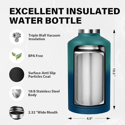 Insulated Water Bottle 64 oz, Triple Wall Vacuum Stainless Steel Water Bottles (Cold for 48 Hrs), Leak Proof & Non-BPA, Half Gallon Water Flask Jug Wide Mouth Straw Lid & Spout Lid - color: Green & Blue, size: 64 Ounces