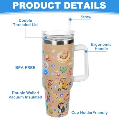 Capybara Water Bottle with Straw and Handle - 1200ml/40OZ Large Sport Water Flask,Stainless Steel Capybara Water Cup Insulated and Cold-keeping,Capybara Stuff Gifts for Boys Girls Kawaii Water Bottles - size: 40.6 Ounces