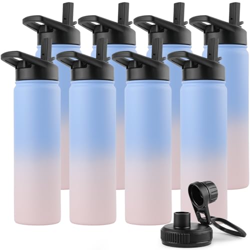 DOMICARE Insulated Water Bottle, 22 oz Vacuum Insulated Stainless Steel Reusable Sports Bottle with Straw Lid & Spout Lid for Travel, Camping, Bike, Leakproof, Blue/Pink, 8 Pack - color: Blue/Pink, size: 22oz/8 Pack