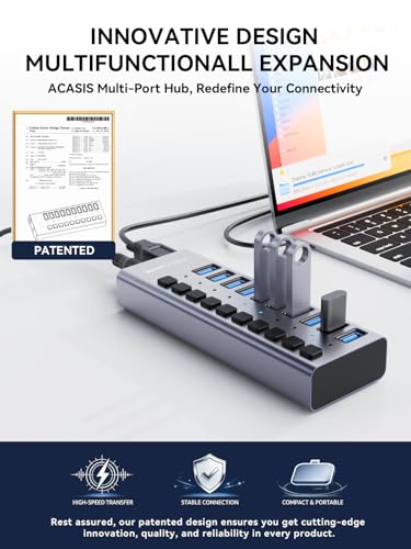 Powered USB 3.2 Hub, ACASIS 10 Ports USB 3.2 Hub with 10Gbps Data Speed, Aluminum Housing, USB Hub Powered with 48W Power Adapter, USB Hub for PC/Laptop, Computer, Flash Drive, Printer, Camera - size: 10 ports