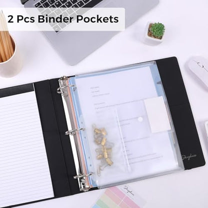 SKYDUE 3 Ring Binder with Clipboard, 2 Inch PU Heavy Duty Binder with Notepad & 5 Dividers with 5 Pockets, Labels, Clipboard Folder Great for School Office(Fit Letter Sized Paper) - color: Black, size: Letter Size - 2 Inch