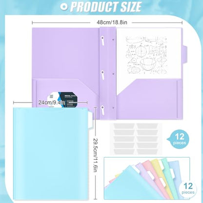 Fuutreo 12 Pack Pastel Plastic Folders with 2 Pockets & Clear Front View Pocket, 3 Hole Punched for Binders, 1/3 Cut Tabs, Heavy Duty Letter Size Clear Front View, 3 Hole Punched - style: 3-prong with View Pocket Style
