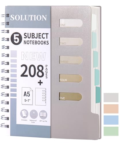 FLYING EAGLE Small 5 Subject Notebook College Ruled Spiral Notebook 5x7 with Dividers Tabs Waterproof Plastic Cover Thick Paper Notebooks for Work School, Grey - color: 3.grey, size: 1.A5-College Ruled