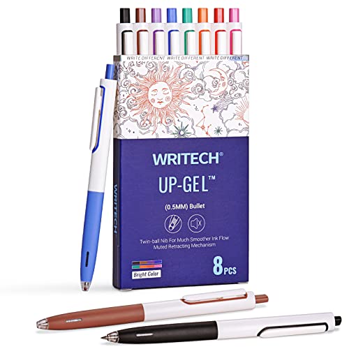 WRITECH Retractable Gel Ink Pens: Multicolor 0.5mm Fine Point Pen No Smear & Bleed for Journaling Sketching Drawing Notetaking Extra Smooth Writing Silent Click Pen Set Up-Gel 8ct - color: Multicolor Ink, size: 1 Count (Pack of 8)