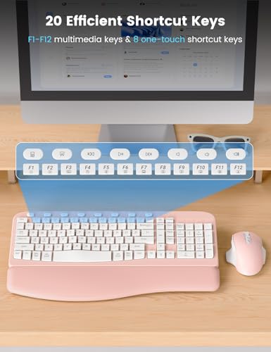 SABLUTE Wireless Keyboard and Mouse Combo with Ergonomic Wave Key | Leather Soft Palm Rest, 2.4G Full Size, 6-Button Mouse, 4-Level DPI, USB-A/C, MA12 Set for PC, Laptop, Windows, macOS (Pink） - color: Blush Pink