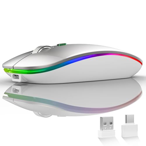 Uiosmuph LED Wireless Mouse, G12 Slim Rechargeable Silent Mouse, 2.4G Portable USB Optical Wireless Computer Mice with USB Receiver and Type C Adapter (Silver) - color: Silver