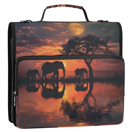 ALAZA Elephants at Sunset Zipper Binder 1.5 inch 3 Ring Binder Organizer with Shoulder Strap and Handle for Home Office Work