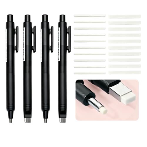 4 Pack Retractable Mechanical Eraser Pen Set (4 Black) with 20 Refills (10 Rectangular,10 Round Tips), Precision Erasers for Artists Drawing, Office & Students - color: Black