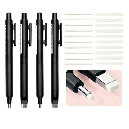 4 Pack Retractable Mechanical Eraser Pen Set (4 Black) with 20 Refills (10 Rectangular,10 Round Tips), Precision Erasers for Artists Drawing, Office & Students - color: Black