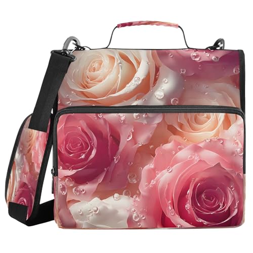 3 Ring Zipper Binder Pink Roses Floral Binders Bag with Shoulder Strap 500 Sheets Paper Organizer Trapper Keeper Documents Storage File Folder for School Office - color: A2396