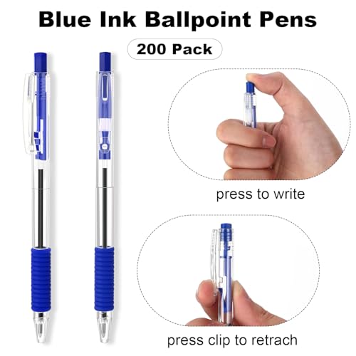Sayglossy 200 Pack Blue Gel Ink Pens Bulk, 1.0mm Retractable Click Point Ballpoint Pens Smooth Writing with Comfortable Grip for Back to School Office Classroom Business Home Work Supplies - color: Blue