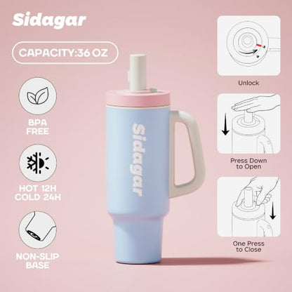 36oz Insulated Tumbler with Handle, Stainless Steel Water Bottle, Leak-Resistant Travel Coffee Mug with Push Button Lid, Cup Holder Friendly for Tea & Daily Use, Blue - color: Sea Salt Breeze