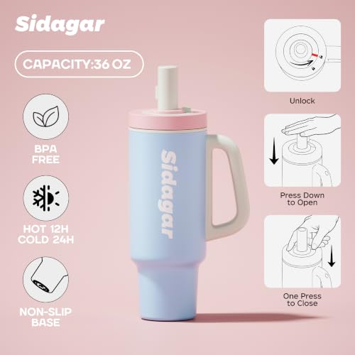 36oz Insulated Tumbler with Handle, Stainless Steel Water Bottle, Leak-Resistant Travel Coffee Mug with Push Button Lid, Cup Holder Friendly for Tea & Daily Use, Blue - color: Sea Salt Breeze