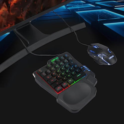 One Handed Gaming Keyboard and Mouse Combo for LOL/Wow/fortnite/Dota/PUBG | Half Mini RGB Keyboard, 35 Keys, Ergo Wrist Rest, LED 7200DPI CPI Customize Gaming Mouse, with USB Spilitter, Small Wired Set