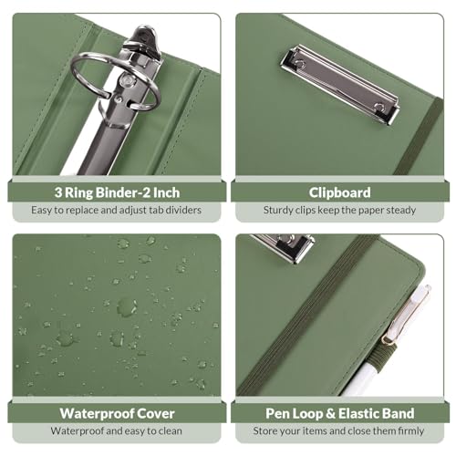 SKYDUE 3 Ring Binder with Clipboard, 2 Inch Binder, PU Clipboard Binder with Notepad & 5 Dividers with 5 Pockets, Labels, Clipboard Folder Great for School Office(Fit Letter Sized Paper) - color: Olivegreen, size: Letter Size - 2 Inch