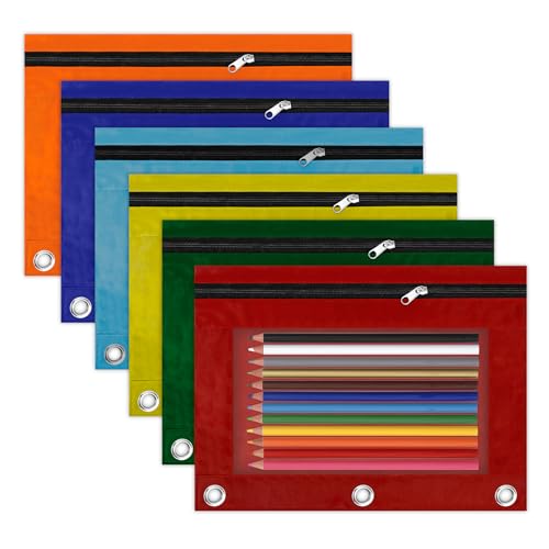 Pencil Pouch for 3 Ring Binder, 6 Pack Multicolors Zipper Pencil Pouches, 3 Hole Pen Pouch Bulk, Clear Window Pencil Case for Binder, Pencil Bag with Grommets for College Office Supplies - color: Orange+red+blue+sky Blue+green+yellow