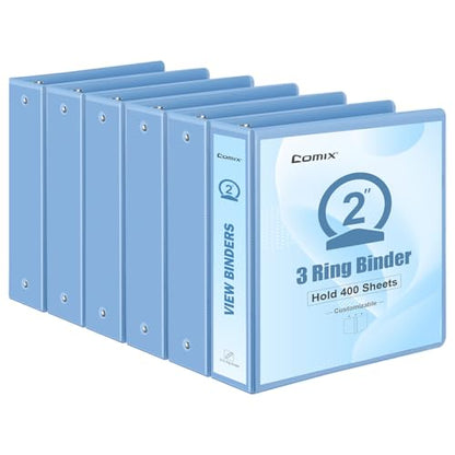 COMIX Standard 3 Ring Binder 2 inch with Clear View Cover, 2" Round Ring View Binder Holds 400 Sheets of US Letter Size Paper, 6 Pack (Pale Blue) - color: Pale Blue, size: 2 inch