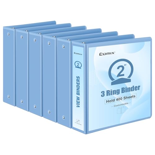 COMIX Standard 3 Ring Binder 2 inch with Clear View Cover, 2" Round Ring View Binder Holds 400 Sheets of US Letter Size Paper, 6 Pack (Pale Blue) - color: Pale Blue, size: 2 inch