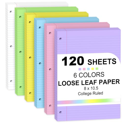 Loose Leaf Paper 8" x 10.5" Colored Filler Paper 120 Sheets 3 Hole Punched Lined Paper 8 X 10.5 College Ruled Notebook Paper for 3-Ring Binders Notepad Writing Note Pads for Home,Office,School Supplie - color: Colored, size: 120 Sheets College Ruled