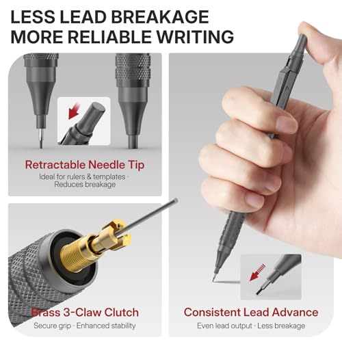 WUO 0.7mm Mechanical Pencil Set, 3 Grey Metal Drafting Pencils with 480 HB Lead Refills, Precision Eraser Pen, 4B Erasers & Case, Mechanical Pencils for Writing, Drawing, Sketching & School - color: Grey, size: 0.7