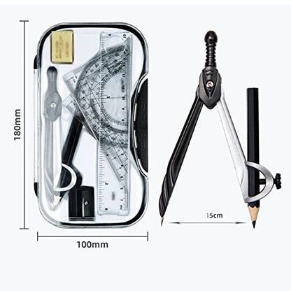 Mathematical Geometry Set Math Geometry Kit Set Math Tool Kit with Storage Box Geometry Tool Set Metal Geometry Drawing Tools for Students Compasses Ruler Compass Set