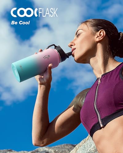 Coolflask 32 oz Water Bottle Insulated with Straw & 3 Leakproof Lids | Water Flask Stainless Steel Triple-Wall Vacuum,Cold 48+h, Dishwasher Safe,Wide Mouth,BPA-Free,Carrier Bag,for Gym,Hiking - color: Bubblegum Princess, size: 32 Ounces