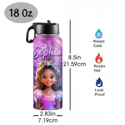 D-Story Custom Water Bottles Back to School Gift for Girls 18Oz Personalized Stainless Steel Insulated Water Bottle with Straw Lid Customized Name Princess Bottles Daughter Birthday Gifts - color: Design 22