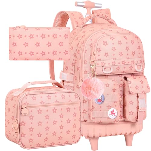 WZLVO 3PCS Rolling School Backpack, Water Resistance Girls Roller Bookbag, Women Aesthetic Wheeled Bag Set with Lunch Box & Pencil Bag for Teens & Kids - Pink Star - color: 3pcs Girls Rolling Backpack - Pink Star