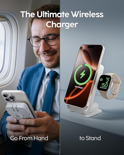 myCharge EcoHub 3-in-1 Magnetic Wireless Charger & Battery Pack for iPhone, iWatch, AirPods - 6,000mAh Battery | Built-in Wall Plug | 15W Magsafe Wireless Output | Foldable | Charging Station | White - color: White