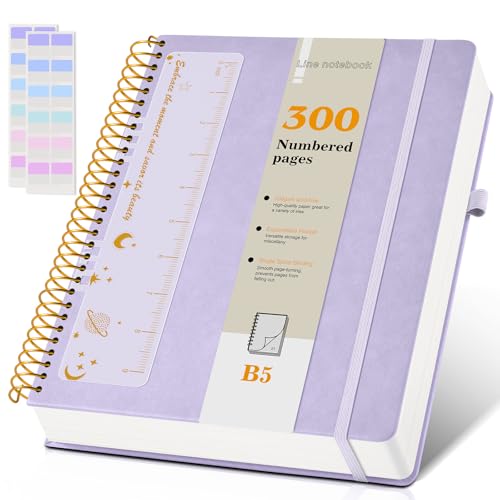 B5 Spiral Notebook Journal 7.6” x 10”, 300 Numbered Pages Hardcover Leather Journals for Women Men, Large Lined College Ruled Notebooks, 100GSM Thick Paper, Spiral Bound Journal for Work School, Purple - color: Purple, size: B5