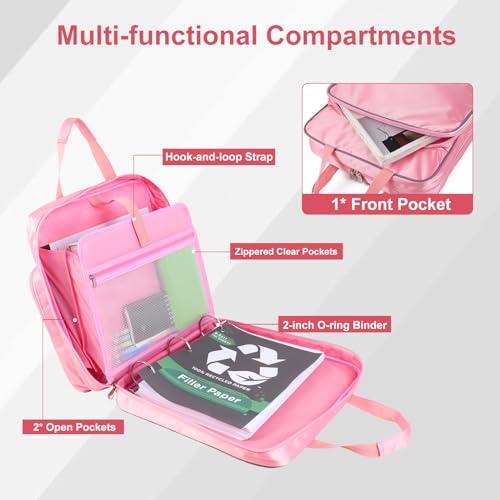 Zipper Binder with Multi Pockets, 500 Sheet Capacity, Pink - color: Pink