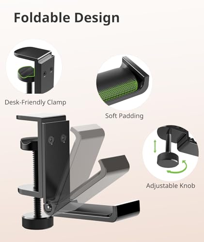 Kimiangel 2 Pack Headphone Stand Under Desk, Foldable Aluminum Headset Holder with Adjustable Screw Clamp, Headphone Hook Mount for Gaming Accessories, Space-Saving Under Table Headset Hanger