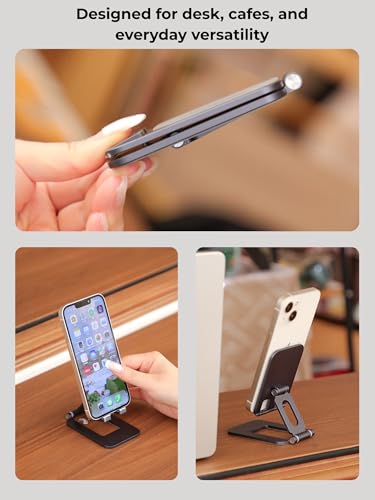 Adjustable Foldable Phone Stand for Desk, Premium Aluminum Cell Phone Holder, Portable Multi-Angle Desktop Stand Compatible with iPhone, Galaxy, iPad, Tablets & All Smartphones
