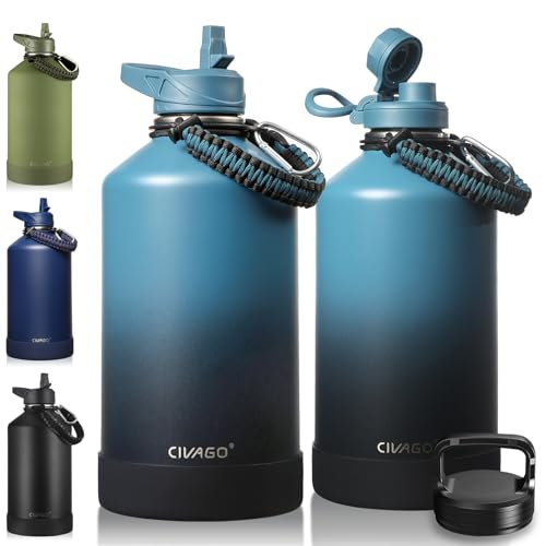 CIVAGO Gallon Insulated Water Bottle Jug with Straw, 128 oz Large Stainless Steel Water Flask, Big Metal Thermal Mug with 3 Lids for Sports, Travel, Gym, and Camping, Indigo Black - color: .Indigo Black, size: 128 Ounces