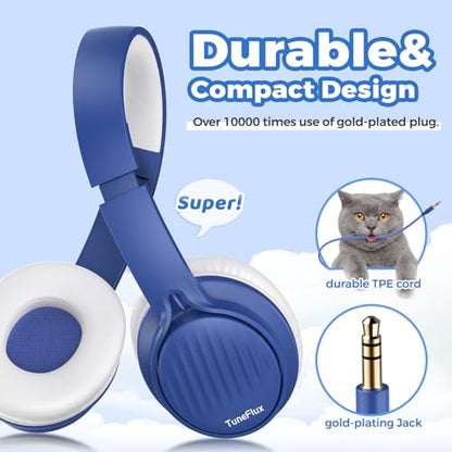 TuneFlux Upgraded Kids Headphones, Wired Toddler Headsets, 85dB Limited Volume On Ear Headphones, Portable Foldable Design, Stereo Sound Kids Headsets for School/Tablet/Travel-Sapphire Blue - color: Sapphire Blue