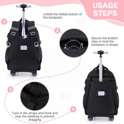 Bevalsa Rolling Backpack for Girls, Roller Backpack with Wheels, Cute Bow Wheeled School Bookbag Set with Lunch Bag & Pen Case, Suitcases for Kids Teens Elementary Middle Student (Black Pink) - color: Black Pink