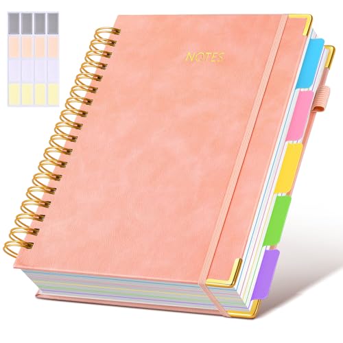 Hardcover Spiral Notebook Journal with Removable Dividers Tabs, 300 Pages Leather 5 Subject Notebook College Ruled, 8"x10" Large B5 Notebooks for Work School Note taking, Lined Journal for Women, Pink - color: A-pink, size: 8"x10"