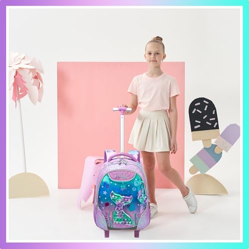 Meetbelify Mermaid Rolling Backpack for Girls Kids Wheels Backpacks for Elementary Student Wheeled Trolley Trip Luggage for Teen Girls with Lunch Box Pencil Case - color: Mermaid Purple