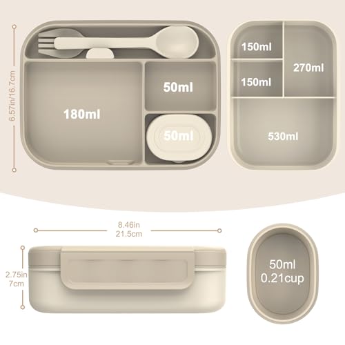 Caperci Stackable Bento Lunch Box for Adult & Teens - Reinforced Leak-Proof Lunch Container 4-Compartment with Utensils & Sauce Container, BPA-Free, Dishwasher/Microwave Safe, 47oz (Pale Mocha) - color: Pale Mocha