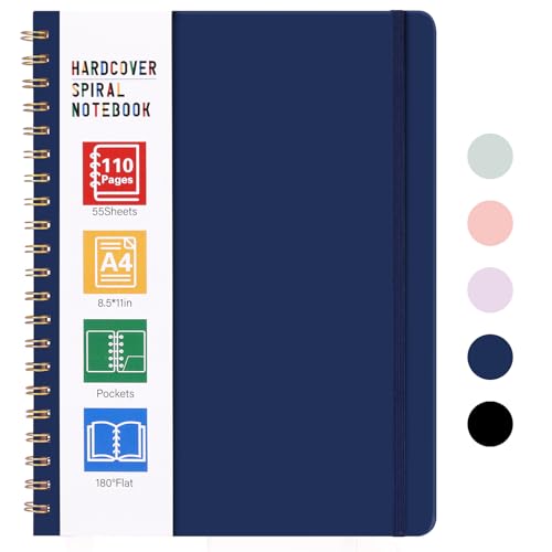 LABUK Spiral Notebook 8.5 x 11, A4 Hardcover Notebooks for Women, 55 Sheets 110 Pages Large Journal for Work, School, (Navy Blue) - color: 4-navy blue, style: A4