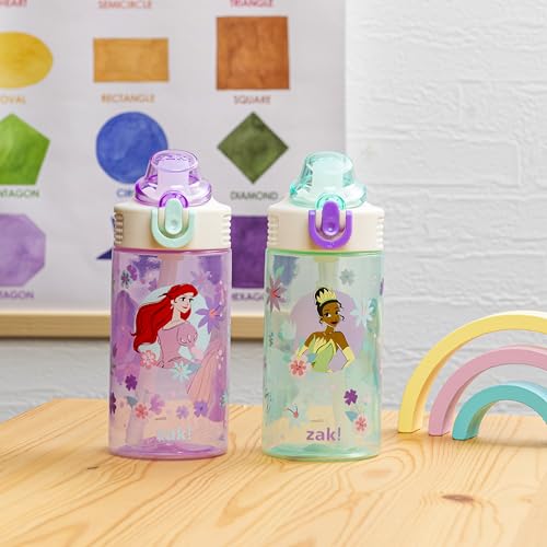 Zak Designs Disney Princess Sage Kids Water Bottle For School or Travel, 16oz Durable Plastic With Straw and Leak-Proof Spout Cover, 2-Pack (Ariel, Cinderella, Jasmine, Moana, Rapunzel, Tiana) - color: Disney Princess (Ariel, Cinderella, Jasmine, Moana, R