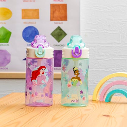 Zak Designs Disney Princess Sage Kids Water Bottle For School or Travel, 16oz Durable Plastic With Straw and Leak-Proof Spout Cover, 2-Pack (Ariel, Cinderella, Jasmine, Moana, Rapunzel, Tiana) - color: Disney Princess (Ariel, Cinderella, Jasmine, Moana, R