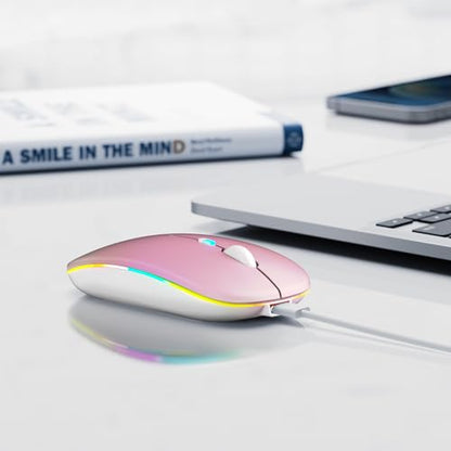 Wireless Bluetooth Mouse, Rechargeable, LED, Silent, Ultra-thin Design (Bluetooth 5.2 and 2.4GHz USB Receiver) | Portable Computer Mouse for Laptops, iPads, MacBooks and Apple Devices (Pink) - color: Pink